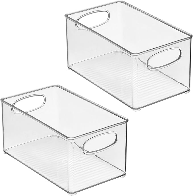 mDesign Plastic Home Closet Organizer - Basket Storage Holder Bin w/ Handles for Bedroom, Bathroom, Cabinet Shelves, Entryway, and Hallway - Holds Sweaters, Purses - Ligne Collection - 2 Pack - Clear