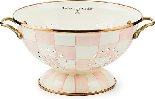 MACKENZIE-CHILDS Enamel Colander, Decorative Kitchen Strainer, Large, Pink-and-White Rosy Check