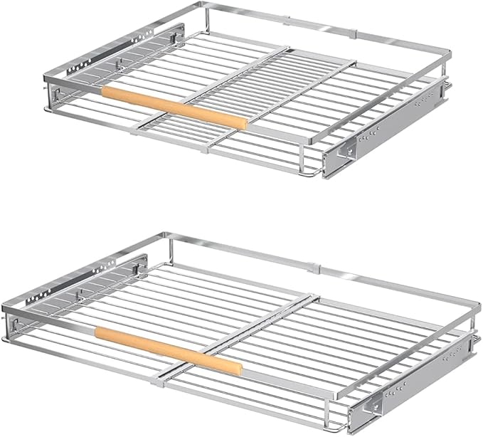 MIYUPTC Pull Out Cabinet Shelf, Slide Out Cabinet Organizer Heavy Duty Under Sink, Anti Rust Kitchen Organizer Basket, Smooth Roll Expandable Sliding Drawer, 2 Pack Chrome 15.9''-26.2''