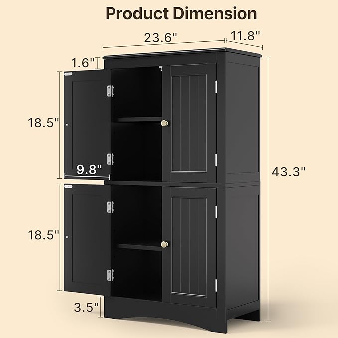 Gizoon 43" Kitchen Pantry Cabinet, Freestanding Floor Cabinet with Adjustable Shelves and 4 Magnetic Doors, Bathroom Storage Unit, for Kitchen, Living Room, Black