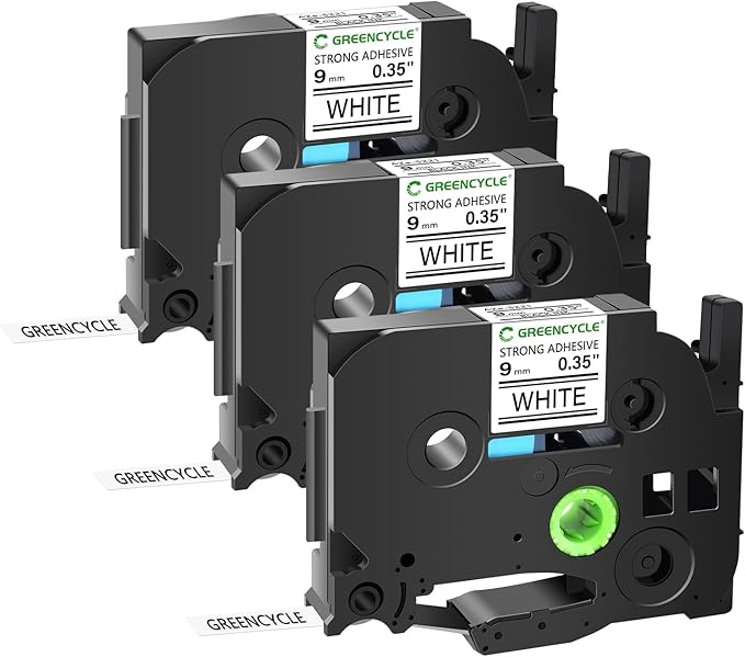 GREENCYCLE Extra Strength Adhesive Black on White Label Tape Compatible for TZE-S221 TZS221 AZES221 0.35" 9mm for PT-E550W PT2430PC 1890C PT-D210 PTP300BT PT-1010 PTH100 PTH110 D200-3 Pack