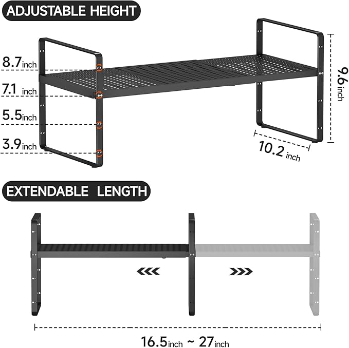 jkxoo Expandable Cabinet Countertop Shelves 16.5-27’’L, Adjustable Metal Spice Rack Organizer, Stackable Kitchen Counter Storage Shelves Organizers for Cabinet Organization, Black
