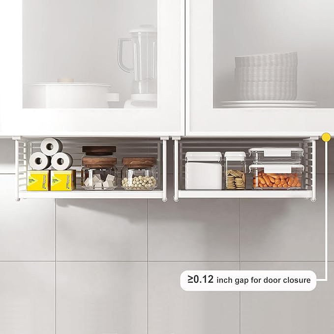 Under Shelf Storage Basket, Hanging Wire Basket with 1.13 Inches Thick Clips for Kitchen, Pantry or Laundry Room, Under Cabinet or Desk Storage Organizer, White, 2 Pack