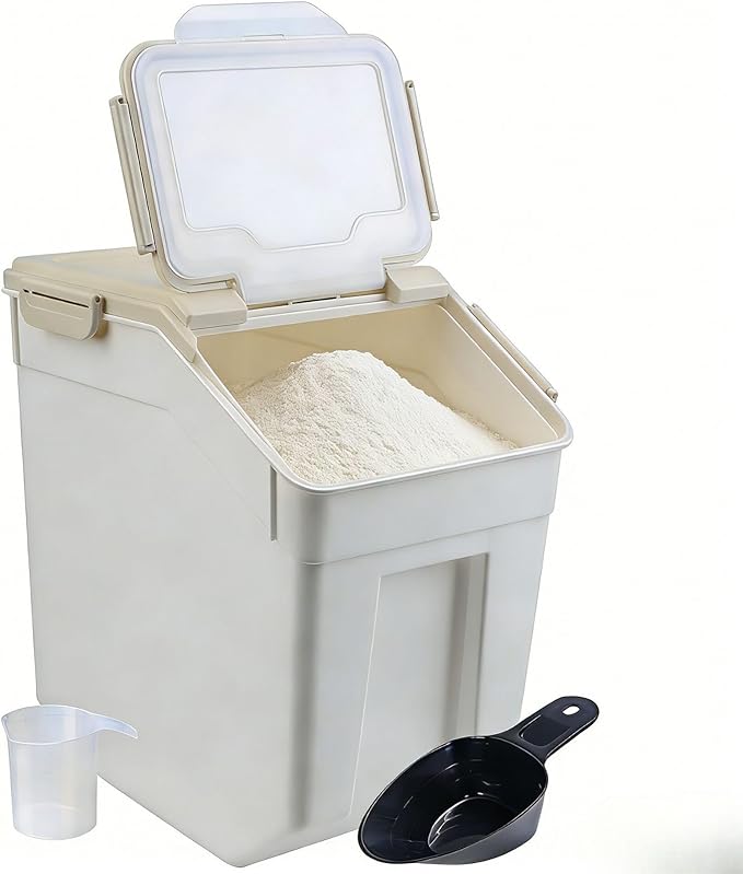 Saim Flour Container Set of 2 (50 lbs), Large Rice Storage Container with Measuring Cup & Scoop, BPA Free Rice Dispenser, Cereal & Dry Food Bin, Kitchen Organizer for Beans, Oatmeal and Grains - Gray
