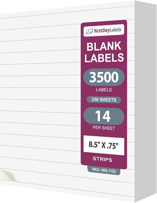 NextDayLabels 8.5x0.75 Inch Strip Stickers White Blank Labels for Laser Inkjet Printer - 14 Per Sheet Self-Adhesive Unique Size Label Made in USA - 3500 Labels