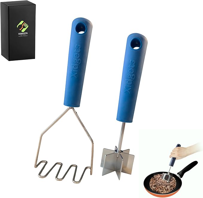 2pc Box Set - Stainless Steel Meat Masher & Large Potato Masher with Soft Grip Handle – Heavy Duty Handle & Mashing Head for Ground Beef, Meat, and More – Dishwasher Safe (Lagoon Blue/Lagoon Blue)