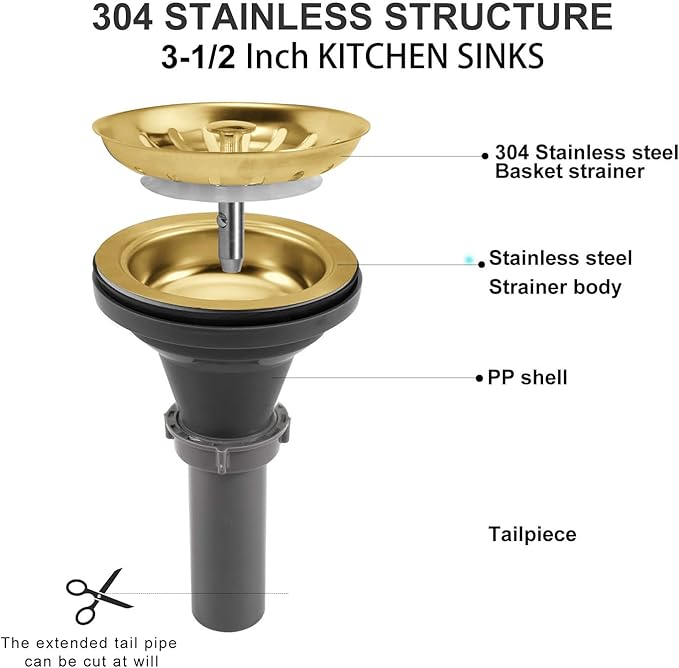 3-1/2'' ﻿Kitchen Sink Drain Kit Sink Drain Basket Sink Drain Assembly 304 Stainless Steel Sink Strainer Drain Basket Replacement Fit Standard Sink Drain Hole(Gold)