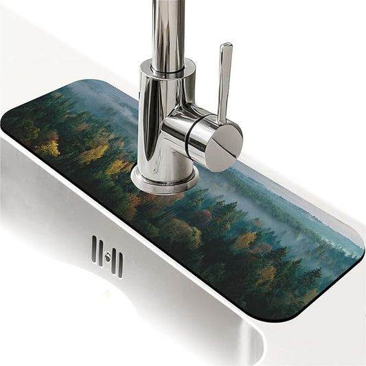 Kitchen Sink Splash Guard，Dense forest Faucet Mat Sink Gadgets-Super Absorbent Fast Drying Mat Drip Catcher for Kitchen, Bathroom,Sink Mat, Dish Drying Mat, Bathroom(15" X 5.5" )