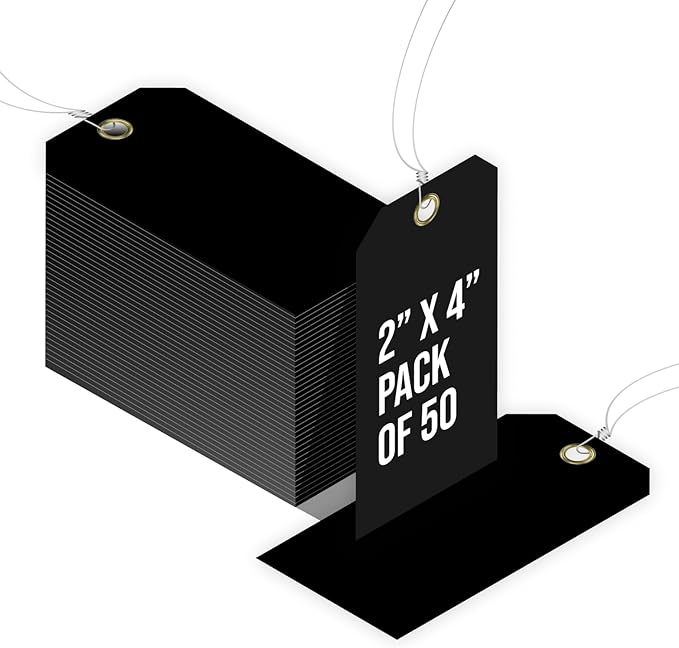 Tags 4 Less 15 Mil Blank Plastic Hang Tags with Attached Wires – 2" x 4" Heavy Duty Waterproof Hanging Labels for Outdoor Tagging, Equipment, Luggage, Valves & More (Black, Pack of 50)