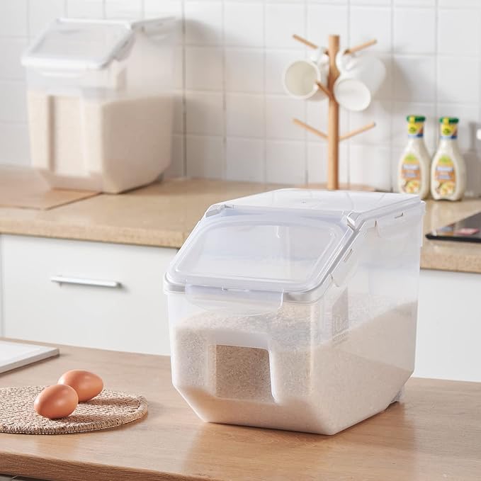 HANAMYA 10 Liter / 20 lbs Rice Storage Container with Measuring Cup, BPA free, For Rice | Grain | Pet Food | Flour, 2 counts, Clear
