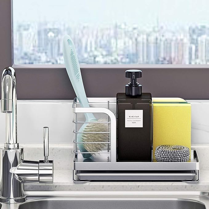 Kitchen Countertop Dish Soap and Dishwashing Brush Holder, SUS 304 Stainless Steel Sponge Organizer, Basket for Cleaning and Scrub Tool, Kitchen Sink Brush Caddy Holder
