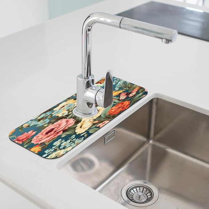 Vivid Flora Butterfly Blend Kitchen Faucet Mat Splash Guard, 15.4”x5.7” Absorbent Quick Drying Sink Mat for Countertop Protection, Draining Mat Sink Protectors For Kitchen Bathroom, 1 Pack