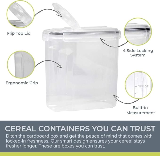 Simply Gourmet Airtight Cereal Containers with Lids – 4 Piece Tall Kitchen Pantry Organization Set, BPA-Free Clear Plastic, Pour Spout Lids for Breakfast Cereal, Rice, Flour, Sugar, Snacks
