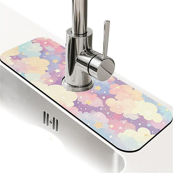Kitchen Sink Splash Guard，Cute clouds and stars Faucet Mat Sink Gadgets-Super Absorbent Fast Drying Mat Drip Catcher for Kitchen, Bathroom,Sink Mat, Dish Drying Mat, Bathroom(15" X 5.5" )