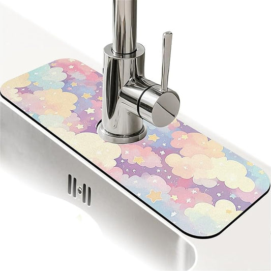 Kitchen Sink Splash Guard，Cute clouds and stars Faucet Mat Sink Gadgets-Super Absorbent Fast Drying Mat Drip Catcher for Kitchen, Bathroom,Sink Mat, Dish Drying Mat, Bathroom(15" X 5.5" )