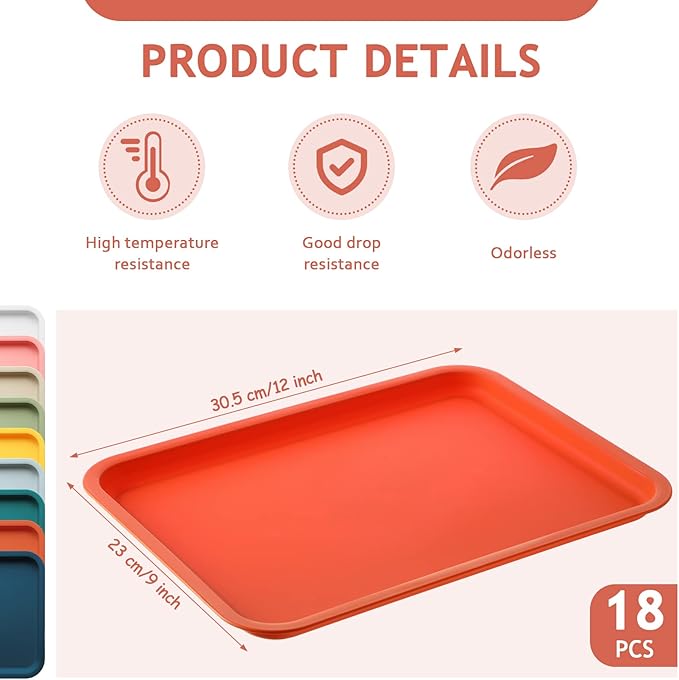 Gerrii 18 Pcs Plastic Fast Food Trays Bulk Restaurant Serving Cafeteria Tray Grill School Lunch Tray Rectangular Serving Platter for Kitchen Hotel Restaurant (9 Colors,12 x 9 Inch)