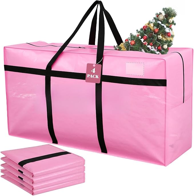 4 Pcs 66 Gallon Extra Large Moving Bags Heavy Duty Storage Bag with Strong Zipper Handle Foldable XXL Jumbo Storage Tote Packing Moving Box for College Dorm Travel Cloth Duffle (Pink)