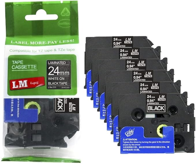 6/Pack LM Tapes - LMe-355 Premium 1" White Print on Black Label Compatible with Brother TZe-355 P-Touch and Includes Tape Color/Size Guide. Replaces TZ355 24mm 0.94 Laminated