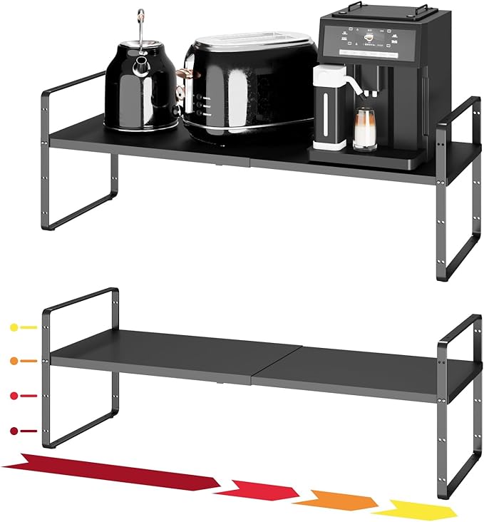 taiheis 16.5~27.1" Expandable Shelf Organizer, 2Pack 10.2" Wide Stackable Cabinet Shelf Organizers, Black Metal Sturdy Kitchen Counter Storage for Countertop, Adjustable Height Spice Rack