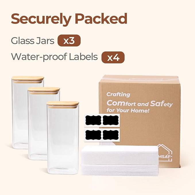 ComSaf 2 Qt Rectangle Glass Storage Containers with Lids, Glass Jars with Bamboo Lids, Clear Food Jar, Square Canister Set of 3, Pantry Organizers and Storage for Flour Pasta Coffee Bean