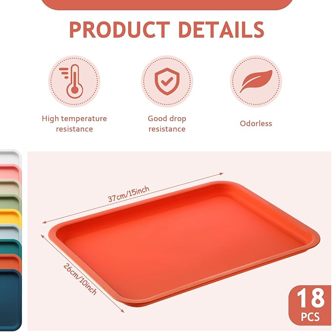 Gerrii 18 Pcs Plastic Fast Food Trays Bulk Restaurant Serving Cafeteria Grill School Lunch Trays Rectangular Serving Platter for Kitchen Hotel Restaurant(9 Colors, 15 x 10 Inch)