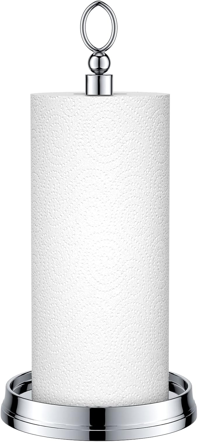 KASUNTO Paper Towel Holder (with Heavy Weighted Base) Steel Paper Holder countertop，Black Paper Towel Holder for Kitchen Countertops, Bars & Dining Tables,Fits Standard & Jumbo Rolls,Chrome