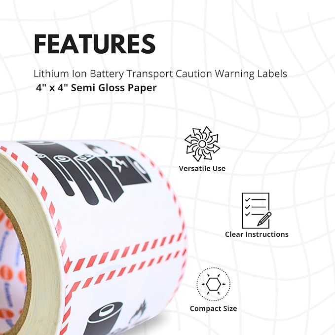 Great Eastern Lithium-Ion Battery Caution Labels – 500 Pieces, 4" × 4" Semi-Gloss Waterproof Adhesive Stickers for Transport Warning, Shipping, Handling, and Packaging (1 Roll)