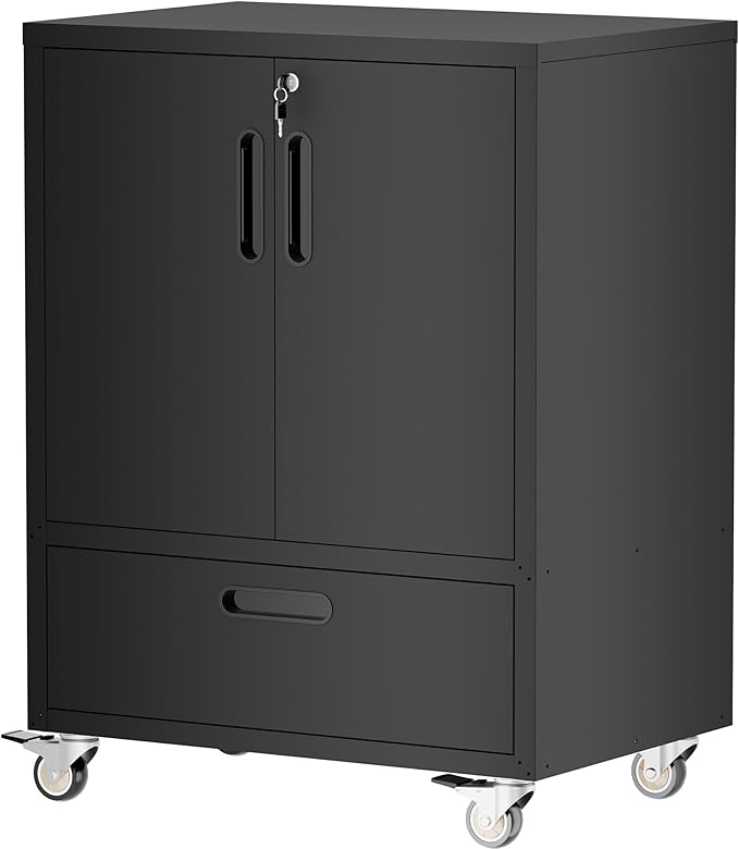 BIZOEIRON Metal Storage Cabinet with Wheels, Mobile Garage Storage Cabinet with 2 Lockable Doors and 1 Drawer, Rolling Tool Cabinet, Assembly Required, Black