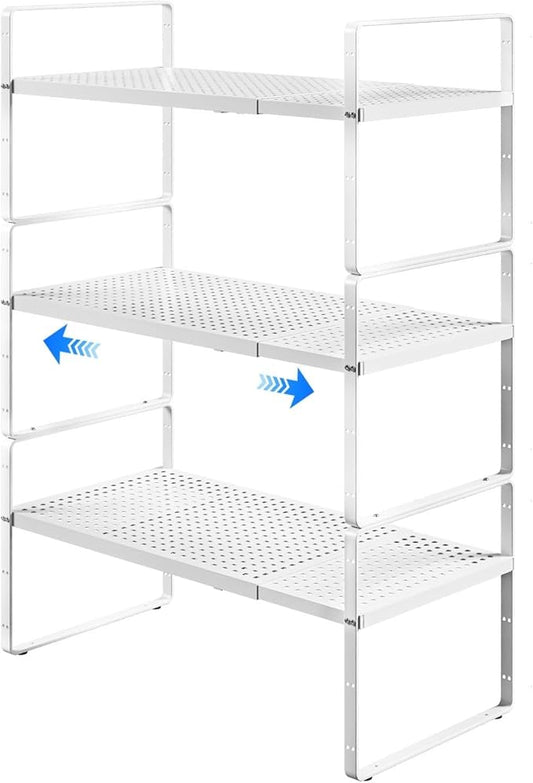 KIKIBRO Expandable Cabinet Shelf Organizers, Kitchen Small Stand Rack Organization for Countertop Cupborad Pantry, White 3 Pack