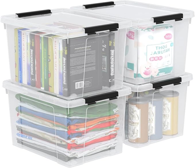 Hespama 34 Quart Clear Latching Storage Box, 4 Packs Plastic Storage Bins with Wheels
