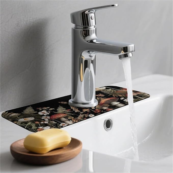 Kitchen Sink Splash Guard，Dark mushrooms and butterflies Faucet Mat Sink Gadgets-Super Absorbent Fast Drying Mat Drip Catcher for Kitchen, Bathroom,Sink Mat, Dish Drying Mat, Bathroom(15" X 5.5" )