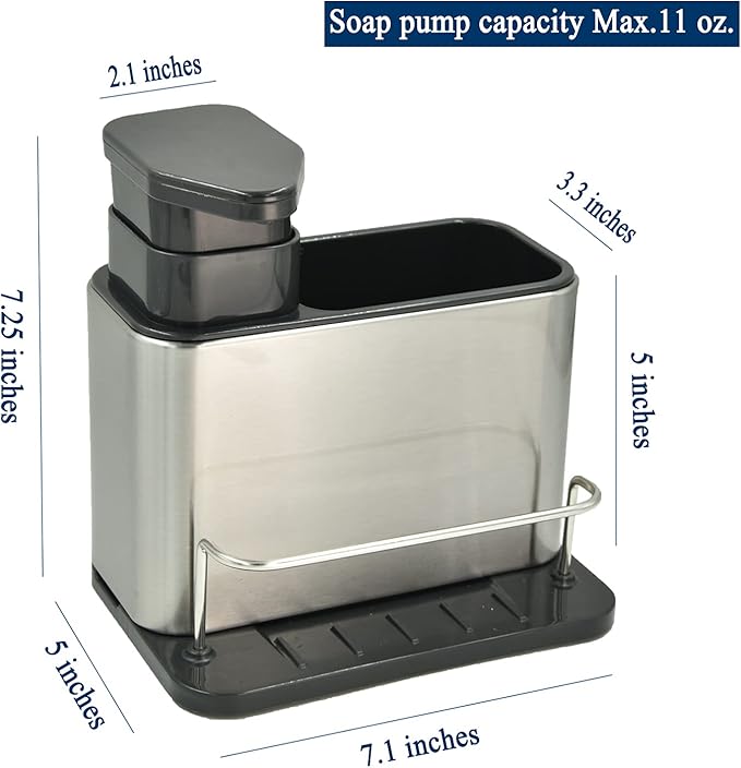 Soap Dispenser for Kitchen & Bathroom Sink with Sponge Holder and Brush Holder, Dish Soap Pump Sink Caddy for Countertop, Stainless Steel