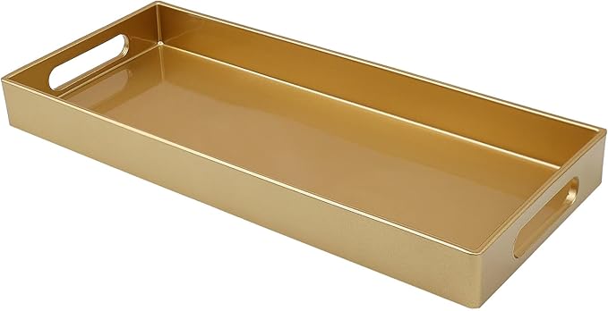 Leemxiiny Plastic Gold Vanity Tray with Handles, Small Decorative Tray Desktop Storage Organizer for Bathroom, Living Room, 13.7"*5.9"*1.37"