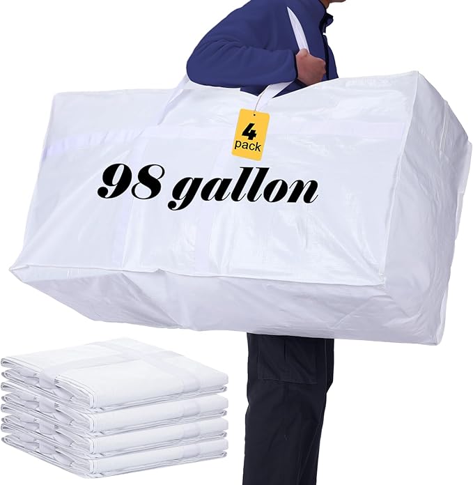 Windyun 4 Pack 98 Gallon Extra Large Moving Bags XXL Heavy Duty Storage Bag with Strong Zipper Handle Jumbo Big Tote Box Foldable for College Dorm Travel Clothes Duffle Blanket Pillow(White)