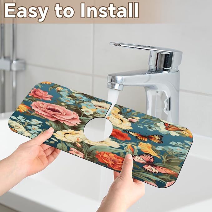 Vivid Flora Butterfly Blend Kitchen Faucet Mat Splash Guard, 15.4”x5.7” Absorbent Quick Drying Sink Mat for Countertop Protection, Draining Mat Sink Protectors For Kitchen Bathroom, 1 Pack