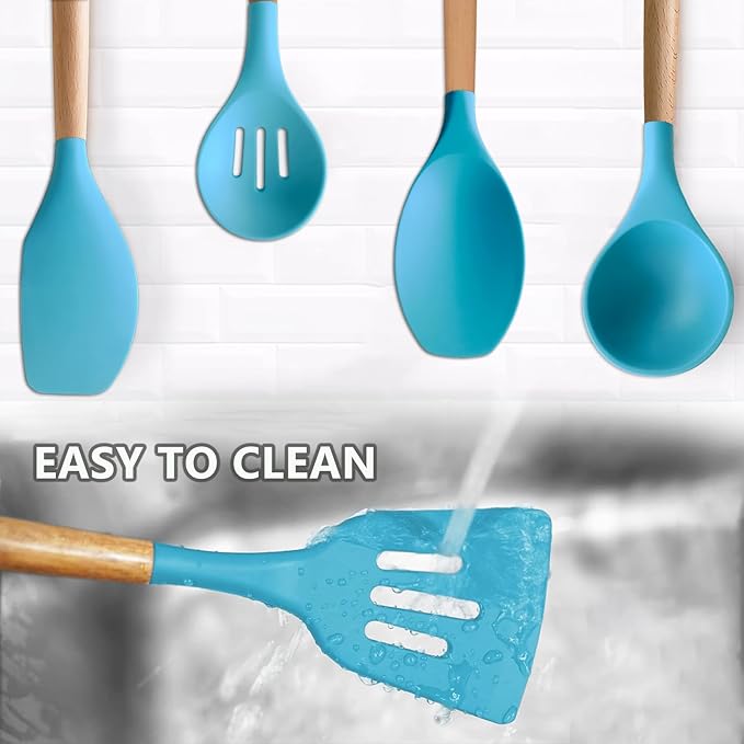 IOCBYHZ Silicone Kitchen Cooking Utensils Set, 5-Piece Non-Stick Silicone Kitchen Utensils Spatula Serving Spoons Turner Ladle Set w Wooden Handle Heat Resistant Cooking Gadgets for Nonstick Cookware