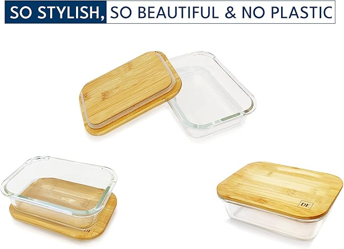 DE Glass Food Storage Containers with Bamboo Lids – 4 Pack (12oz/21oz/35oz/51oz) – BPA-Free Borosilicate Glass Meal Prep Boxes – Oven, Microwave, Freezer Safe – Stackable & Airtight