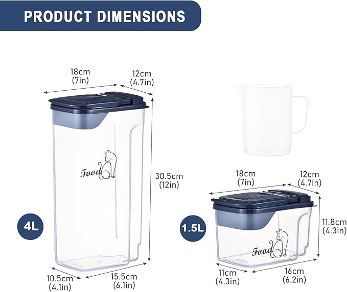 Cat Food Storage Container Combo (4L+1.5L),2 Pcs Airtight Pet Food Containers with Built In Spout,Cat Treat Bin with Measuring Cup,Travel Cat Dog Food Container,BPA Free,Easy Grip