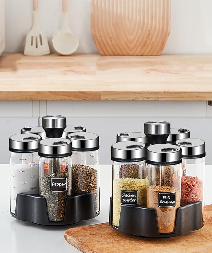 TINMIX Revolving Spice Rack Organizer, Rotating Seasoning Holder Shelf with 5 Large 200ml Glass Jars for Kitchen Countertop Cabinet