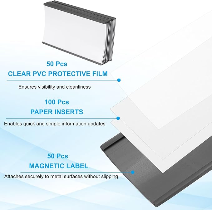 PATIKIL Magnetic Label Holder 5" x 3" with Paper Inserts, 50 Pcs C Channel Magnetic File Cabinet Labels Shelf Data Card Holder Signs for Metal Racks Shelves Whiteboard Tool Box