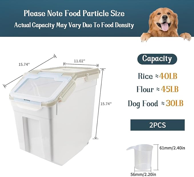 YXQ 50LB Large Flour Storage Container Bin,2 Pack Airtight Plastic with Wheels Seal Locking Lid Dispenser Organizer Bin with Measuring Cup & Scoop for Flour, Rice, Grain 100LBS Total Capacity(Grey)
