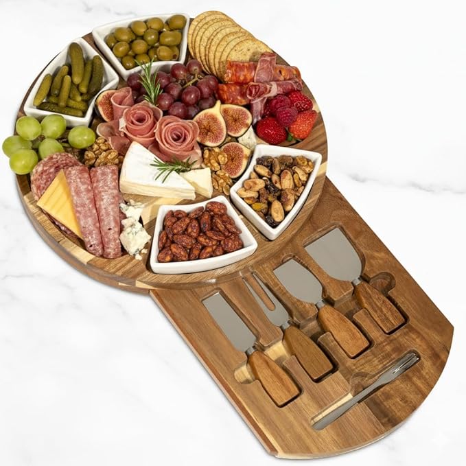 Acacia Cheese Board & Knife Set – Charcuterie Board with Ceramic Bowls, Slide-Out Drawer & Serving Utensils, Perfect for Entertaining – Ideal Gift for Weddings, Housewarming & Holidays