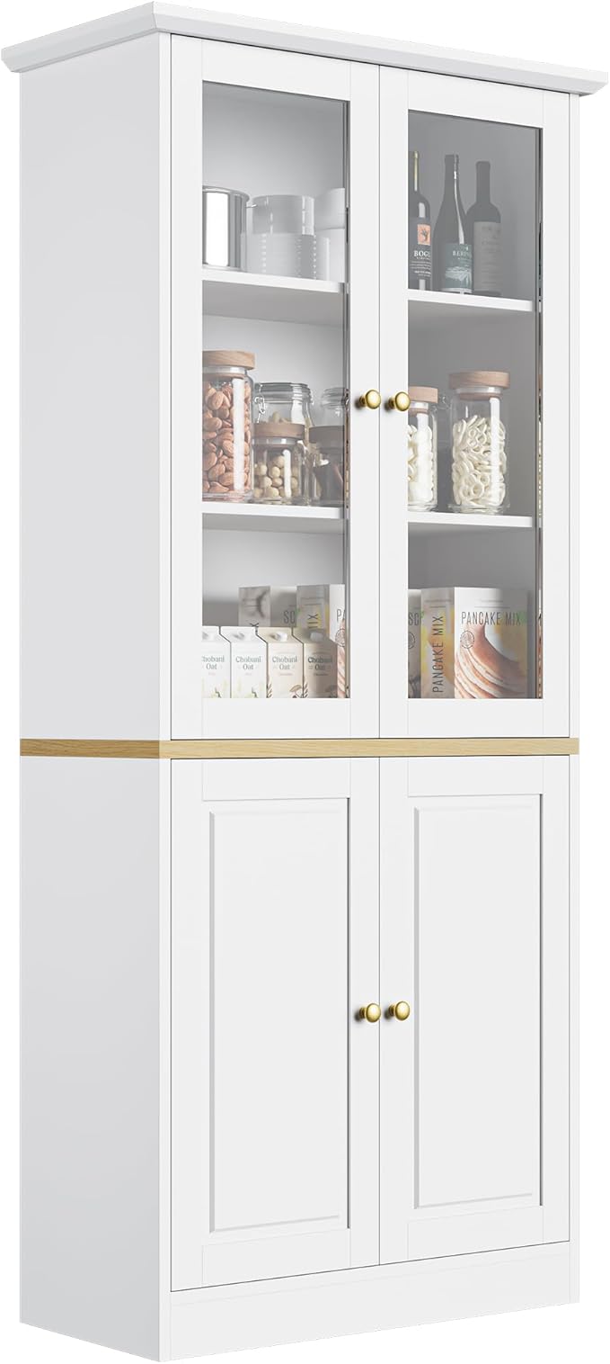 71" Kitchen Pantry Cabinet with Glass Doors, Modern Coffee Bar Storage Cabinet with Adjustable Shelves & Wooden Doors, Freestanding Cupboard for Dining Room or Living Room, White
