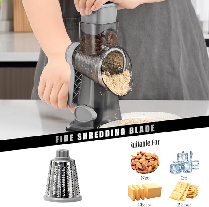 Badelite Cheese Grater Hand Crank Rotating Cheese Shredder Stainless Steel Vegetable Slicer Grater for Kitchen 3 Blades for Cheese, Carrot, Cucumber, Nuts, Chocolate, Dark Grey