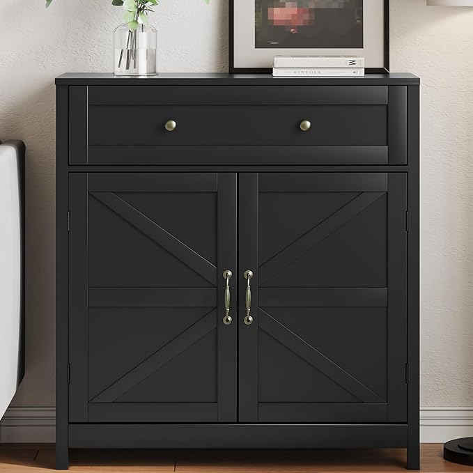 Mino Kesper Buffet Sideboard with 2 Barn Doors,Black Kitchen Cabinet with Adjustable Shelf, Freestanding Floor Storage Cabinet