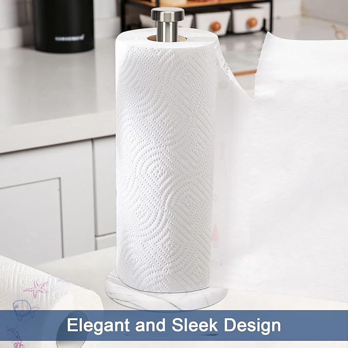 NearMoon Standing Paper Towel Holder, Kitchen Paper Towel Tissue Holder- for Bathroom Kitchen Countertop, Standard or Jumbo-Sized Roll Paper (with Marble Base, Brushed Nickel)