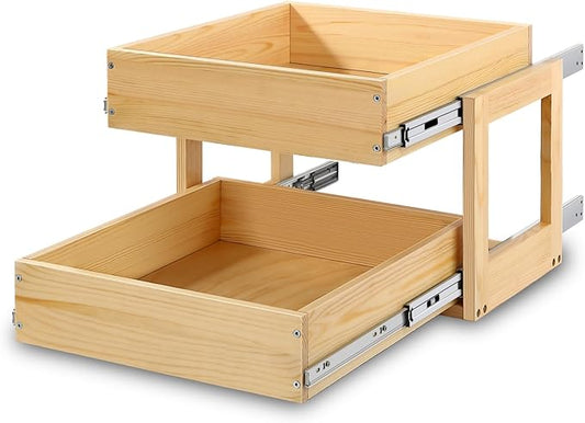 Mulush Pull Out Cabinet Organizer, 26''W×21''D×16''H Soft Close Slide Out Wood Drawer Shelves Storage for Kitchen, 2-Tier, Finished, Heavy-Duty, Bottom Assembly