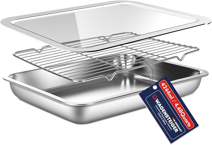 Stainless Steel Food Prep Pan Set with Rack & Transparent Lid, Casserole Dish, Roasting Pan for Oven, Buffet or Marination Use(No.3)