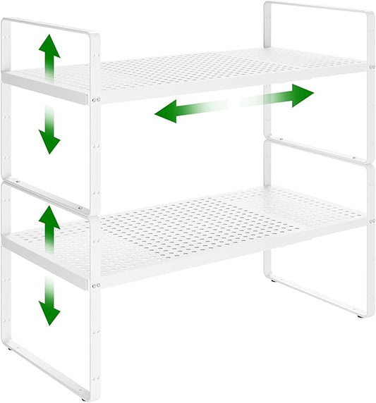 LOCVCDA Expandable Kitchen Cabinet Shelf Organizer Rack Heavy Duty Metal Spice Rack Stackable Kitchen Counter Storage Shelf for Cabinet Pantry Bathroom (White- 16.5"-27" L x 8" W x 9.6" H - 2Pack)