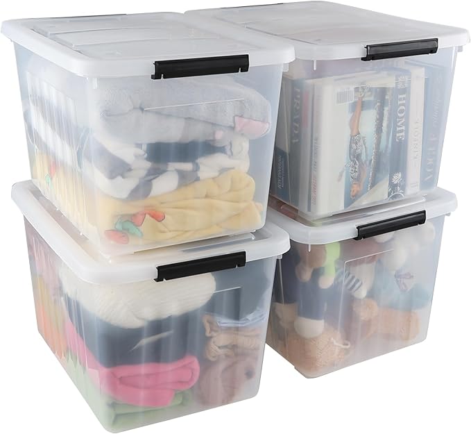 Wekioger 70 Quart Large Lidded Storage Bin 4 Packs, Plastic Latching Storage Container Box with Wheels
